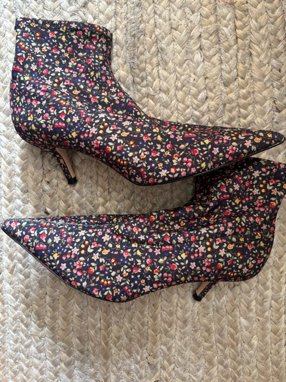 Floral Pointed Toe Ankle Boots - Black/Pink